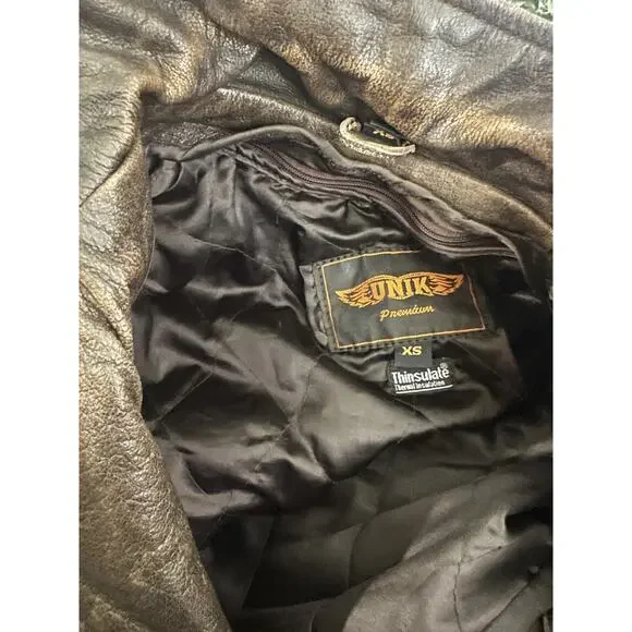 Unik Distressed Brown Leather Braided Moto Motorcycle Jacket Cross Zip Size XS - Picture 13 of 16